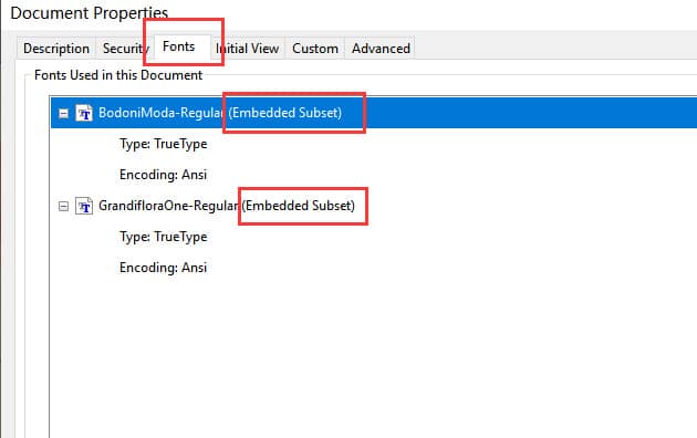 ensure that all fonts have the embedded subset flag 2